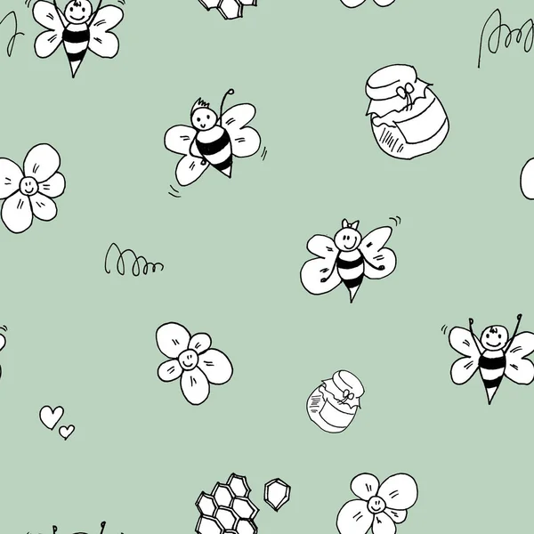 Roztomilá Včela Medem Květinami Černo Bílé Ručně Kreslené Bezešvé Vzor — Stock fotografie