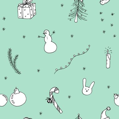 Kardan adam, hediyeler, tavşancık ve kardan oluşan kusursuz desenli yeşil bir el çizildi.