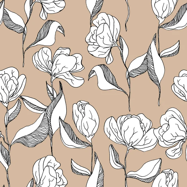 Duże Czarno Białe Kwiaty Liści Ręcznie Rysowane Bezszwowe Wzór Brązowym — Zdjęcie stockowe