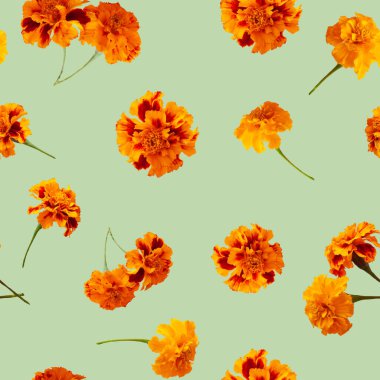 Zeytin yeşili arka planda turuncu kadife çiçekleri - fotoğraf çiçeklerinden kusursuz desen