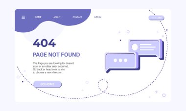 Sayfa pankart şablonu bulunamadı. 404 hatalı web sayfası için tasarım şablonu. Mor arkaplandaki konuşma iletisi baloncuğu simgesinin düz çizimi