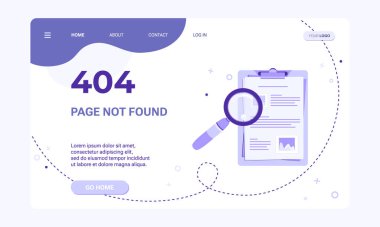 404 numaralı web sayfası için şablon indiriliyor. Sayfa pankart şablonu bulunamadı. Büyüteçle panonun düz çizimi ve resimli belge ve mor arkaplan