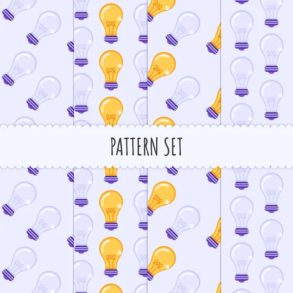 Desen ayarlandı. Afiş, afiş ve duvar kağıdı için mor arka planda ampul lambası simgeleri olan kusursuz desen. Ambalaj kağıdı deseni, albüm kalıpları, tekstil ve diğer tasarımlar. Açık ve kapalı desenler