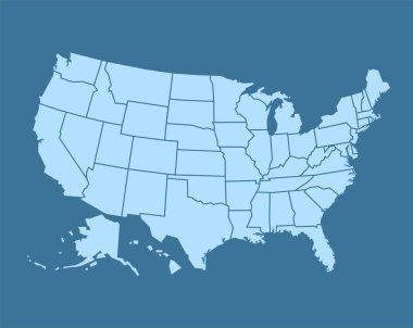 Mavi renkli ABD haritası. Durum haritası illüstrasyonu.