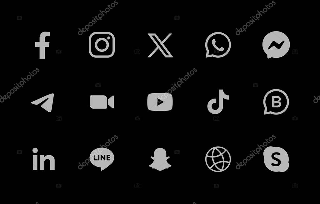 Social media vector icon set with black white colors.