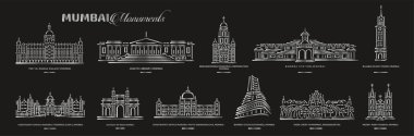 Set of Mumbai Monuments in silver lines vector icons. clipart