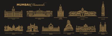 Altın çizgili vektör simgeleriyle Mumbai anıtları dizisi.