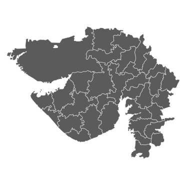 Gri Renkli Tüm Bölgelerle Gujarat Haritası, Vektör Siyasi Taslak