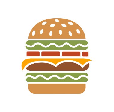 Beyaz Arkaplanda Düz Tasarım Çok Katmanlı Burger Simgesi, Peynir, Marul ve Domates
