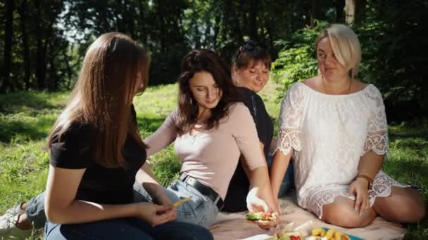 Een Aantrekkelijke Vrouw Zit Een Picknicktafelkleed Een Picknick Diner Met — Stockvideo