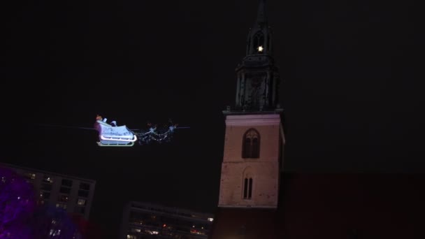Winterstadt Weihnachten Schlittenfahren Szene Der Der Weihnachtsmann Auf Seinem Schlitten — Stockvideo