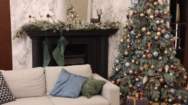 Frohe Weihnachten Geschmückter Baum Geschmückter Weihnachtsbaum Interieur Weihnachtsdekoration Mit Geschmücktem — Stockvideo