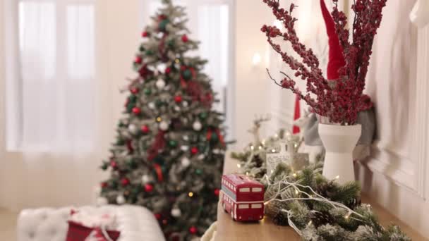 闪闪发光的童话 装饰过的树 装饰过的圣诞树 装饰圣诞树 灯火通明 圣诞室内装饰 迷人的圣诞树 — 图库视频影像