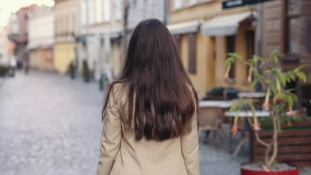女性がいちゃつく 女性が歩く 自信のあるビジネス女性 街を歩く長い髪を持つスタイリッシュな若い女性 笑顔と魅力的な屋外 屋外を歩く女性のバックビュー — ストック動画
