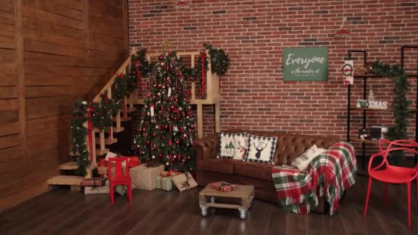 Nyttår Julesal Juletre Juleutstilling Stua Med Magisk Glødende Tre Gaver – stockvideo