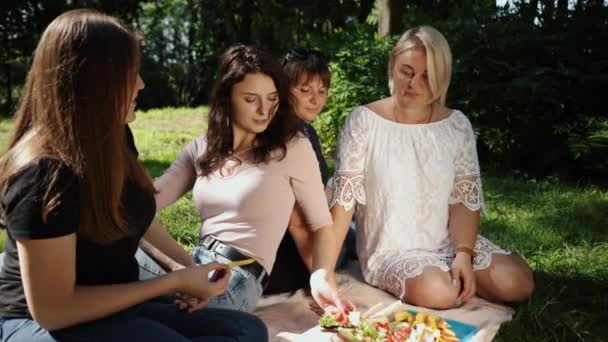 Parkta Piknik Bayanlar Oturur Yemek Yer Dışarıda Genç Güzel Bayanlar — Stok video