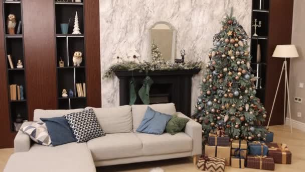 家庭时间 圣诞节客厅 圣诞节树 室内圣诞装饰品 魔法树 顶部礼物 新年装饰品 装饰树 郁郁葱葱的地毯 — 图库视频影像