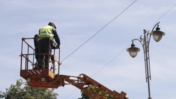 Repair Works Diode Lights Technician Aerial Employee Performs Street Light — Wideo stockowe