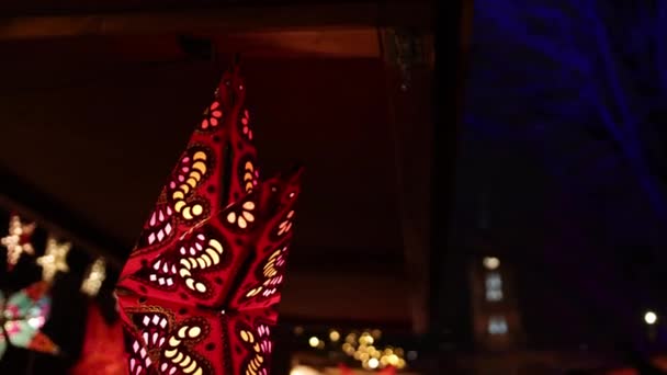 Christmas Star Hanging Foreground Decoration Lights Christmas Illumination Christmas Market — Vídeo de Stock
