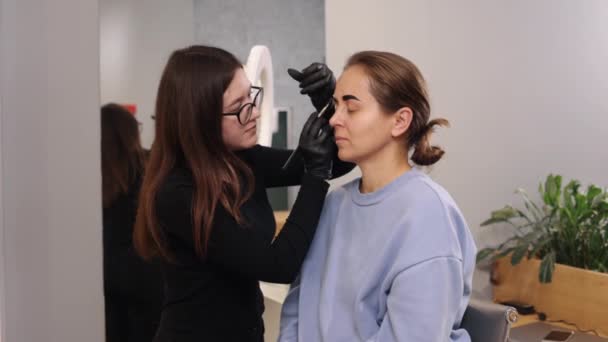 Maquiagem Sobrancelha Maquiagem Profissional Procedimento Correção Mulher Nova Que Está — Vídeo de Stock
