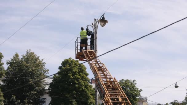 Technician Aerial Fix Light Repair Works Street Light Repair Work — Video