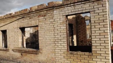 destroyed building, residential building, Disaster scene. Buildings destroyed due to war in Ukraine, collapsed buildings in disaster scene, houses ravaged by bombing, aftermath of war in Ukraine.