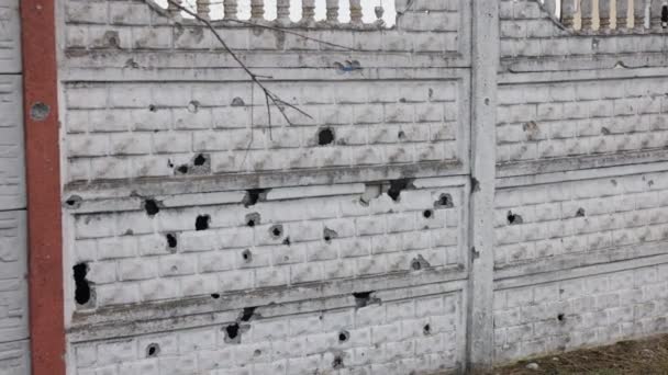 Concrete Fence Bullet Marks Shot Holes Concrete Fence Destroyed Bullets — Stock video
