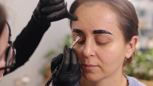Sourcils Coiffants Maquillage Professionnel Procédure Stratification Jeune Femme Subissant Une — Video