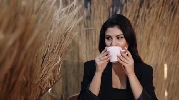 喝咖啡的休息时间 喝咖啡的乐趣 餐馆的闲暇 迷人的女人在餐厅享用她的咖啡 — 图库视频影像