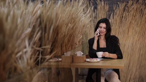 Rozmowa Przy Obiedzie Rozmowa Restauracji Chwila Kawy Urocza Dama Rozmawia — Wideo stockowe