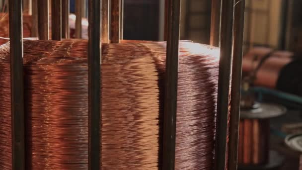 ワイヤ生産 銅加工 ワイヤ安全性 ワイヤ製造工場は 非常に大きい多くの銅線コイルがあります — ストック動画