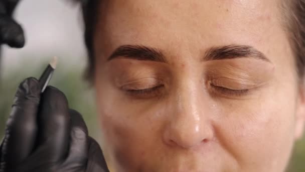 美容美发 眉毛修整 美容院正在为年轻的女性患者提供眉毛矫正和着色治疗 重点是改善眉毛的外观 — 图库视频影像
