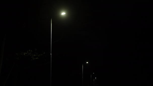 조명된 도로의 어두운 곳에서 타오르는 가로등 — 비디오