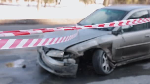 Crash Accident Smashed Automobile Vehicle Crash Encircled Hazard Tape Car — Stock Video