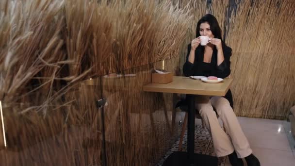 Mujer Bebiendo Café Libre Señora Cenando Hermosa Mujer Saborea Taza — Vídeo de stock