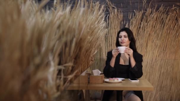 Kawiarenka Dla Kobiet Łyk Kawy Atrakcyjna Kobieta Restauracji Uderzająca Kobieta — Wideo stockowe