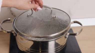 Yemek hazırlama, su kaynama, kaynamış ocak. Mutfaktaki elektrikli ocakta yemek pişirme işlemi kaynar su içerir..