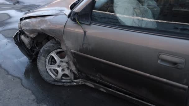 Poškození Při Nehodě Místo Nehody Páska Autem Vozidlo Předek Rozdrcený — Stock video