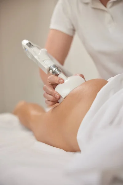 Cosmetologist Vacuum Roller Manipulator Receiving Massage Young Woman Beauty Services — Stock Photo, Image