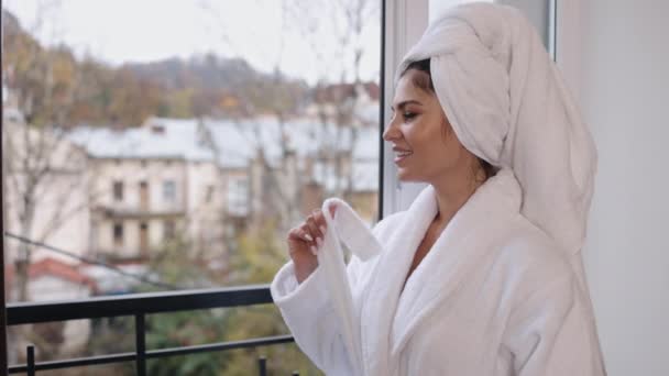 Good Morning Daydreaming Window Life Thoughts Pensive Woman Bathrobe Window — Stock Video