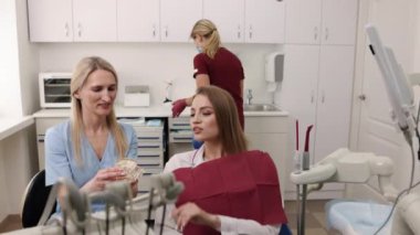 Dental model, Treatment instruction, Patient presentation. Dentist is detailing treatment plan to woman, using dental teeth jaw model to aid his explanation.