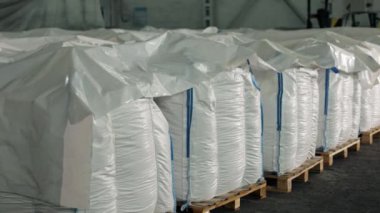 Tahıl istifleme, hasat dağıtımı, paketlenmiş hasat. Firmaların üretim tesisi deposu büyük miktarda ürün torbalarıyla dolup taşıyor..