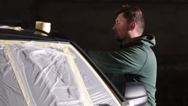 Εφαρμογή Κασέτας Διαδικασία Κάλυψης Όχημα Αμμόλοφο Αυτοκίνητο Προετοιμασμένο Ενδελεχή Τρίψιμο — Αρχείο Βίντεο