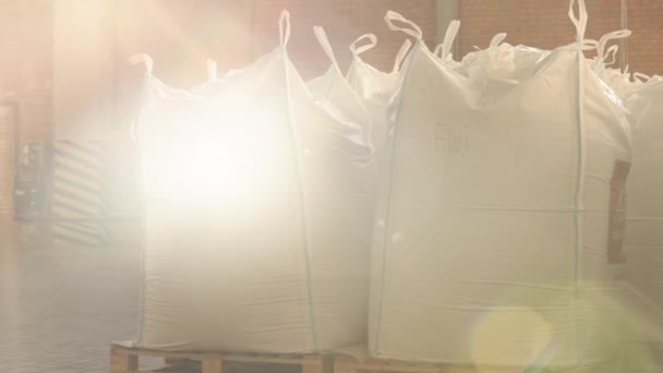 麻袋运输 麻袋装卸 生料装卸 工厂可容纳相当数量的装有产品或原材料的袋子 — 图库视频影像