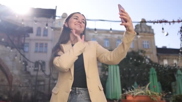 Selbstporträt Firmen Selfie Büro Selfie Karriereorientierte Dame Macht Foto Von — Stockvideo