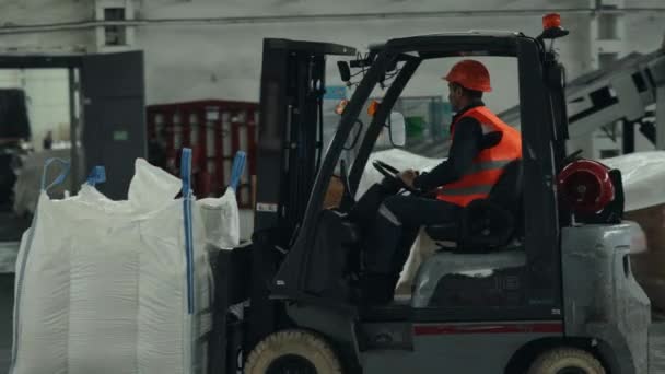 材料の取り扱い 装置操作 荷を積むドック 倉庫内のパレット移動は熟練労働者が操作するフォークリフトローダーによって保証されます — ストック動画