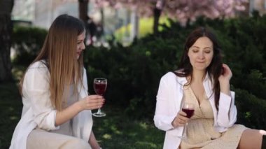 Güzel kadınlar, açık havada şarap, arkadaş şarabı. Birkaç kız arkadaş açık havada kırmızı şarap tadıyorlar..