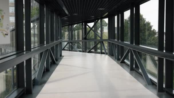 Skyway Skybridge Κατασκευή Μεταλλικό Σκελετό Διάδρομος Γυάλινος Κλειστός Μεταλλική Υποδομή — Αρχείο Βίντεο