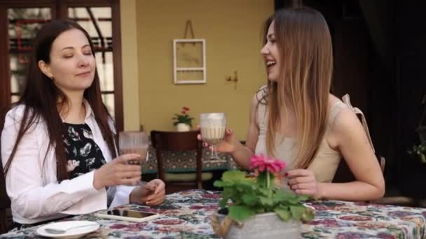 Жінки Розмовляють Зустрічаються Кафе Друзі Ють Двоє Приятелів Наздоганяють Каву — стокове відео