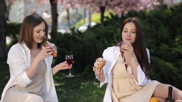Picknick Drickande Kvinnor Vänner Damer Firande Två Nära Vänner Båda — Stockvideo